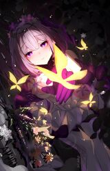 1girl absurdres bare_shoulders bug butterfly castorice_(honkai:_star_rail) closed_mouth commentary dated dress flower gloves hair_flower hair_ornament highres honkai:_star_rail honkai_(series) insect light_blush long_hair looking_at_animal pantyhose pink_flower purple_eyes purple_gloves purple_hair solo voi_271 white_dress white_pantyhose yellow_butterfly