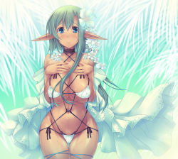 Rule 34 | 1girl, bare shoulders, bikini, blue eyes, breast suppress, breasts, choker, curvy, dark-skinned female, dark elf, dark skin, dress, elf, female focus, flower, green hair, hair flower, hair ornament, hip focus, huge breasts, long hair, micro bikini, navel, original, palm tree, pointy ears, sad, shibarikini, shimakaze (soundz of bell), solo, sparkle, swimsuit, tan, thigh gap, thighhighs, thighs, tree, wet, white bikini, wide hips