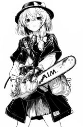 1girl absurdres bag blood blood_on_face blood_on_hands blood_on_tool bow capelet chainsaw closed_mouth collared_shirt commentary_request cowboy_shot empty_eyes expressionless hair_between_eyes hair_bow hat hat_bow highres holding holding_chainsaw layered_skirt long_hair long_sleeves looking_at_viewer monochrome necktie shirt shoulder_bag simple_background skirt solo touhou usami_renko white_background wing_collar yonoisan