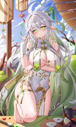 1girl absurdres alternate_costume arm_under_breasts artist_name barefoot blue_sky blush breast_curtains breasts calligraphy_brush cherry_blossoms china_dress chinese_clothes closed_mouth cloud covered_navel cowlick cross-shaped_pupils cup dress folding_fan genshin_impact gloves gold_trim gradient_hair green_eyes green_hair hair_ornament hairpin hand_fan hand_up highres jewelry jndfh knee_up large_breasts long_hair multicolored_hair neck_tattoo paintbrush pelvic_curtain playing_with_own_hair pointy_ears ring rukkhadevata_(genshin_impact) sakazuki side-tie_dress single_glove sky slime_(genshin_impact) smile solo symbol-shaped_pupils tattoo thighlet tokkuri very_long_hair white_dress white_gloves