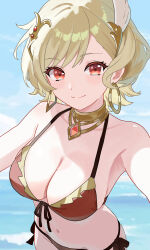1girl absurdres armpits bare_shoulders bikini blonde_hair breasts citrinne_(fire_emblem) cleavage closed_mouth cowboy_shot earrings fire_emblem fire_emblem_engage front-tie_bikini_top front-tie_top gold_choker hair_ornament halterneck highres hoop_earrings jewelry large_breasts looking_at_viewer n_54 navel necklace nintendo outdoors red_bikini red_eyes short_hair side-tie_bikini_bottom smile solo stomach string_bikini swimsuit