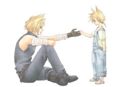 00s 2000s 2boys aged_down bandaged_arm bandages belt black_boots blonde_hair blue_eyes blue_pants blue_shirt boots cloud_strife final_fantasy final_fantasy_vii gloves hand_in_pocket holding_hands low_ponytail lowres multiple_boys overalls pants parted_lips ponytail reaching reaching_towards_viewer rendezvous shirt shoes sitting sleeveless sleeveless_turtleneck slip-on_shoes spiked_hair square_enix t-shirt turtleneck white_background white_shoes