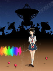 Rule 34 | 00s, 4d6f6f6b, apple, closed eyes, food, fruit, fuura kafuka, headphones, highres, pleated skirt, radio telescope, sayonara zetsubou sensei, school uniform, serafuku, skirt, solo, star (sky), waveform