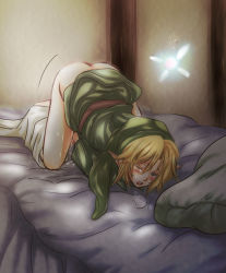 bed blonde_hair blush bottomless cum link male_focus masturbation navi nintendo pointy_ears tears the_legend_of_zelda wink