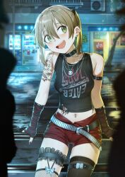 1girl :d absurdres arm_tattoo arm_warmers black_tank_top black_thighhighs blurry blurry_background brown_hair building city clothes_writing collar commentary copyright_name english_commentary fishnet_thighhighs fishnets green_eyes highres jewelry maka_albarn midriff mismatched_thighhighs navel navel_piercing necklace night open_mouth outdoors piercing print_clothes print_shirt red_shorts shirt shirt_writing short_shorts shorts smile solo soul_eater stomach_tattoo tank_top tattoo thigh_strap thighhighs twintails vending_machine waligner