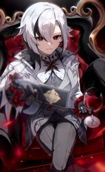 Rule 34 | 1girl, absurdres, aida noa, alcohol, arlecchino (genshin impact), black eyes, black hair, black pants, card, commentary, cup, cupping glass, genshin impact, grin, highres, holding, holding card, holding cup, leggings, looking at viewer, multicolored hair, pants, parted lips, smile, solo, streaked hair, white hair, wine