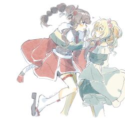 Rule 34 | 2girls, absurdres, bare shoulders, black gloves, black sandals, black sash, blonde hair, blue eyes, brown hair, commentary request, dress, fingerless gloves, frilled dress, frills, fujishima megumi, fujishima megumi (setsubun -tsuya-), fur-trimmed kimono, fur trim, gloves, green dress, green kimono, heart, highres, holy night tale (love live!), japanese clothes, kimono, link! like! love live!, long sidelocks, love live!, mira-cra park!, multi-tied hair, multiple girls, obi, obijime, off-shoulder dress, off shoulder, official alternate costume, official alternate hairstyle, osawa rurino, pantyhose, ponytail, profile, purple eyes, sandals, sash, short kimono, sidelocks, simple background, single leg pantyhose, socks, very long sidelocks, virtual youtuber, white background, white pantyhose, white socks, woodonly, yuri