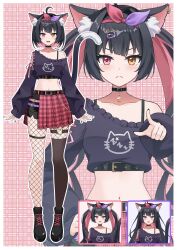 1girl absurdres ahoge animal_ear_fluff animal_ears animal_print black_choker black_hair black_nails black_shirt black_thighhighs breasts cat_ears cat_girl cat_print cat_tail cat_thigh_strap choker closed_mouth colored_inner_hair crop_top fishnet_thighhighs fishnets heterochromia highres indie_virtual_youtuber kitatyoco light_blush long_hair looking_at_viewer mari_yume multicolored_hair nail_polish navel o-ring o-ring_thigh_strap official_art open_mouth pink_hair red_eyes red_skirt shirt short_hair skirt small_breasts smile solo streaked_hair tail thigh_strap thighhighs twintails very_long_hair virtual_youtuber yellow_eyes
