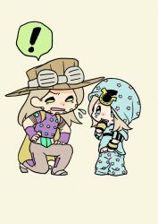 ! 2boys adjusting_pants aged_down beanie beard belt belt_buckle blue_eyes blue_hat blue_hoodie blue_pants bridal_gauntlets brown_hair brown_hat brown_pants buckle cape chibi commentary_request cowboy_hat facial_hair goggles goggles_on_headwear green_eyes grey_belt gyro_zeppeli hat highres holding_pants hood hoodie horseshoe horseshoe_hat_ornament johnny_joestar jojo_no_kimyou_na_bouken kneeling long_hair m_a_a_m_8 male_focus multiple_boys oversized_clothes pants purple_bridal_gauntlets spoken_exclamation_mark spurs star_(symbol) star_print steel_ball_run tears unworn_pants yellow_cape