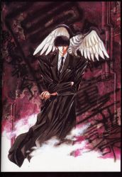 1boy bird black_hair clamp falcon formal_clothes glasses highres male_focus necktie one-eyed sakurazukamori_seishirou short_hair x_(manga)