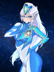 Rule 34 | 1girl, absurdres, armor, asymmetrical arms, blue bodysuit, blue eyes, blue gloves, blush, bodysuit, breastplate, breasts, chinese commentary, closed mouth, color timer, commentary, contrapposto, covered navel, cowboy shot, crystal, eyeshadow, floating hair, forehead jewel, genderswap, genderswap (mtf), gloves, hair between eyes, hand on own hip, hand up, headgear, highres, humanization, lipstick, long hair, looking at viewer, makeup, medium breasts, multicolored bodysuit, purple eyeshadow, purple hair, signature, silver bodysuit, skin tight, sky, smile, solo, space, standing, star (sky), starry sky, starry sky background, tokusatsu, ultra series, ultraman decker, ultraman decker (miracle type), ultraman decker (series), v, v over mouth, yi (user jwth4284)