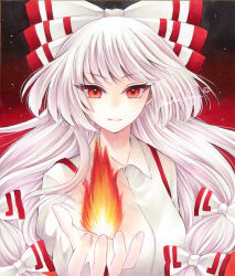 Rule 34 | bow, dress shirt, fire, fujiwara no mokou, grey hair, hair bow, hair ribbon, highres, long hair, long sleeves, marker (medium), multi-tied hair, red eyes, ribbon, shirt, smile, suspenders, touhou, traditional media, very long hair, white bow, white hair, white shirt, yuuki hana (jtnp5334)
