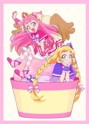 Rule 34 | 2girls, :d, absurdres, arched crown, arm support, arm up, blonde hair, blue eyes, blush, boots, border, bow, bow earrings, bowl, braid, bright pupils, brooch, brown fur, capelet, chest bow, clenched hand, closed mouth, commentary, crown, cure friendy, cure wonderful, deerstalker, dot nose, dress, dress bow, earrings, food, frilled wrist cuffs, frills, gold hairband, grid background, hair bow, hairband, hands on own face, hat, hat ornament, heart, heart brooch, heart hat ornament, highres, hinoki (91011), ice cream, inukai iroha, inukai komugi, inukai komugi (dog), jewelry, long hair, looking at viewer, low-tied long hair, low twin braids, magical girl, mini crown, multicolored hair, multicolored pantyhose, multiple girls, open mouth, oversized food, oversized object, pact holder, pantyhose, papillon (dog), pink boots, pink border, pink bow, pink capelet, pink crown, pink dress, pink hair, pink pantyhose, pink wrist cuffs, pouch, precure, puffy short sleeves, puffy sleeves, purple bow, purple capelet, purple dress, purple eyes, purple hairband, purple hat, purple wrist cuffs, short dress, short sleeves, sitting, sleeveless, sleeveless dress, smile, striped bow, striped clothes, striped pantyhose, tilted headwear, twin braids, very long hair, white background, white petticoat, wonderful pact, wonderful precure!, wrist cuffs, yellow pupils