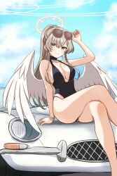 1girl angel_wings black_one-piece_swimsuit blue_archive blue_sky blush breasts brown_eyes brown_hair car cleavage crossed_legs eyewear_on_head gesupi_(provlemsolver57) halo highres large_breasts long_hair looking_at_viewer low_wings motor_vehicle nagisa_(blue_archive) nagisa_(swimsuit)_(blue_archive) one-piece_swimsuit ponytail sitting sky smile solo sunglasses swimsuit white_wings wings
