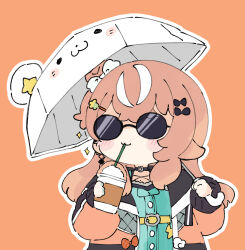 Rule 34 | 1girl, black bow, blue dress, blush stickers, bow, brown background, brown hair, brown jacket, chibi, commentary, cup, disposable cup, dress, drinking straw, hair bow, hair bun, hair ornament, hairclip, highres, holding, holding cup, holding umbrella, igarashi rika, igarashi rika (1st costume), jacket, long sleeves, mole, multicolored hair, nijisanji, nozo (hitomiz), one side up, open clothes, open jacket, outline, puffy long sleeves, puffy sleeves, simple background, single side bun, solo, sparkle, star (symbol), star hair ornament, streaked hair, sunglasses, umbrella, upper body, white bow, white hair, white outline, white umbrella