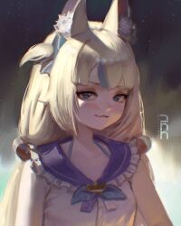 1girl :3 absurdres animal_ear_fluff animal_ears blonde_hair blue_eyes blue_streaks cat_ears closed_mouth dinn_(artofdinn) dress highres indie_virtual_youtuber lifebuoy_hair_ornament long_hair looking_at_viewer one_side_up sailor_dress sameko_saba solo virtual_youtuber white_dress