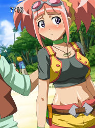 Rule 34 | 00s, 1girl, 3boys, blush, breasts, climax entertainment, dinosaur king, goggles, highres, jacket, jewelry, jimmy (dinosaur king), kodai ryuuta, makino tomoyasu, midriff, multiple boys, navel, necklace, pink hair, purple eyes, rex owen, sega, shirt, short hair, short shorts, shorts, tatsuno malm, taut clothes, taut shirt, timestamp, twintails