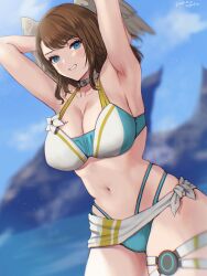 1girl armpits arms_behind_head bikini blue_eyes blurry blurry_background breast_tattoo breasts brown_hair choker cleavage commentary_request cowboy_shot eunie_(xenoblade) grey_choker grin head_wings highres large_breasts long_hair looking_at_viewer medium_hair navel outdoors smile solo stomach swimsuit tattoo thigh_strap water white_wings wings xenoblade_chronicles_(series) xenoblade_chronicles_3 yamamori_kinako