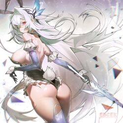 1girl absurdres alternate_costume animal_ear_hairband animal_ears artist_name ass black_leotard breasts chromatic_aberration closed_mouth commentary fake_animal_ears from_behind genshin_impact hair_ornament hairband highres holding holding_sword holding_weapon kyandii large_breasts leotard long_hair looking_at_viewer looking_back playboy_bunny purple_hands rabbit_ear_hairband rabbit_ears rabbit_tail red_eyes side-tie_leotard skirk_(genshin_impact) solo strapless strapless_leotard sword tail very_long_hair weapon white_hair