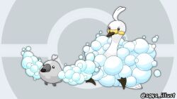 altaria alternate_species animal animal_focus artist_name bird brown_eyes chick closed_mouth commentary_request cygnet evolutionary_line fakemon foam full_body gen_3_pokemon nintendo no_humans poke_ball pokemon pokemon_(creature) shigeyasu. simple_background smile swablu swan twitter_username webbed_feet white_background
