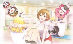 Rule 34 | 2boys, 3girls, :d, :o, aozora no saki kagayaki wo oikakete (project sekai), aqua eyes, black pants, black shorts, blonde hair, bow hairband, breasts, brown eyes, brown hair, chibi, chibi inset, colorful palette, earrings, fang, full body, game cg, hairband, highres, idol clothes, jewelry, kagamine len, kagamine rin, kaito (vocaloid), looking at viewer, meiko (vocaloid), more more jump! meiko, more more jump! rin, multiple boys, multiple girls, official art, open mouth, pants, pink eyes, pink hair, project sekai, red shorts, shirt, shoes, shorts, smile, socks, third-party source, tongue, two side up, vocaloid, white shirt, white shoes, white socks, whiteboard, yoga mat