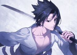 1boy aozora_071 bare_pectorals black_eyes black_hair closed_mouth collarbone commentary curtained_hair hashtag-only_commentary highres holding holding_sword holding_weapon katana long_sleeves looking_ahead male_focus naruto_(series) naruto_shippuuden open_clothes open_shirt pectorals rope_belt shirt short_hair solo sword uchiha_sasuke upper_body weapon white_shirt
