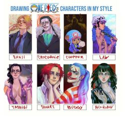 2girls 6+boys antlers ascot black_hair blonde_hair blue_hair blunt_bangs blush bow bowtie breasts buggy_the_clown character_name chest_tattoo cleavage closed_mouth commentary_request copyright_name cotton_candy crocodile_(one_piece) cross curly_eyebrows glasses gloves green_ascot hat hellpasso highres hood horns looking_back makeup multiple_boys multiple_drawing_challenge multiple_girls nico_robin nico_robin_(water_7) one_piece personality_switch ponytail purple_gloves red_nose reindeer_antlers russian_commentary sanji_(one_piece) scar scar_on_face shanks_(one_piece) shirt sideburns smile smoker_(one_piece) striped_clothes striped_shirt tashigi tattoo tony_tony_chopper trafalgar_law upper_body vertical-striped_clothes vertical-striped_shirt