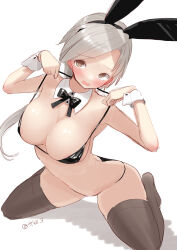 Rule 34 | 1girl, alternate costume, animal ears, bikini, black bikini, black bow, black bowtie, black thighhighs, bow, bowtie, breasts, brown eyes, chitose (kancolle), cleavage, commentary request, detached collar, grey hair, highres, kantai collection, kneeling, large breasts, long hair, low ponytail, one-hour drawing challenge, parted bangs, playboy bunny bikini, playboy bunny swimsuit, ponytail, rabbit ears, simple background, solo, swimsuit, tetsukuzu (yajirushi shita), thighhighs, twitter username, white background, wrist cuffs