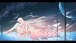 1girl amatsuki_rei angel angel_wings bad_id bad_pixiv_id barefoot commentary_request dress fantasy female_focus halo highres letterboxed long_hair looking_at_viewer milky_way original planet red_eyes reflection scenery signature sitting sitting_on_water sky solo star_(sky) starry_sky wings