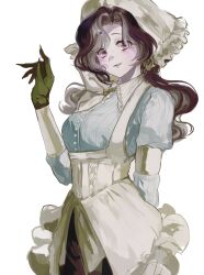 1girl anjo_nala black_hair black_skirt coif corset gloves grey_gloves hand_up highres long_hair looking_at_viewer neckerchief parted_lips pinstripe_pattern pinstripe_shirt purple_eyes reverse:1999 shirt skirt smile solo striped_clothes striped_shirt sunbu upper_body vertical-striped_clothes vertical-striped_shirt white_background white_corset white_neckerchief white_shirt