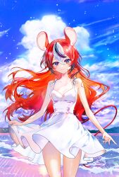 1girl absurdres alternate_costume animal_ears beach black_hair blue_eyes blue_sky closed_mouth cloud dress hakos_baelz highres hololive hololive_english long_hair looking_at_viewer mouse_ears mouse_girl mouse_tail multicolored_hair official_alternate_hair_length official_alternate_hairstyle red_hair sky smile solo sowon streaked_hair sundress tail very_long_hair virtual_youtuber water white_dress white_hair
