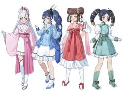 4girls blue_dress blue_eyes blue_hair bow braid brown_hair china_(kuroussa) chinese_clothes choker dress flower gloves green_dress green_eyes hair_bun hair_flower hair_jewelry hair_ornament hair_rings hanbok hat high_heels japan_(kuroussa) japanese_clothes jewelry juliet_sleeves kimono korean_clothes kuroussa long_hair long_sleeves looking_at_viewer magical_girl mole mole_under_mouth mongolia_(kuroussa) mongolian_clothes mongolian_spot multiple_girls original personification pink_dress puffy_sleeves red_dress red_eyes short_eyebrows simple_background smile south_korea_(kuroussa) thighhighs very_long_hair white_background white_gloves white_hair white_thighhighs yellow_eyes