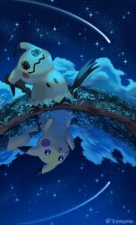 7cinnamin artist_name commentary english_commentary gen_1_pokemon gen_7_pokemon highres mimikyu night night_sky nintendo on_grass pikachu pokemon pokemon_(creature) reflection shooting_star sky solid_oval_eyes sparkle star_(sky) tearing_up twitter_username water