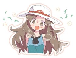 1girl blue_shirt blush breasts brown_eyes brown_hair flower hat leaf_(pokemon) long_hair looking_at_viewer mgomurainu nintendo open_mouth pokemon pokemon_frlg porkpie_hat shirt simple_background sleeveless sleeveless_shirt smile upper_body white_background white_hat