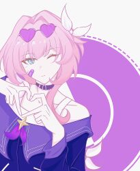 1girl ;) belt_collar black_shirt blue_eyes collar commentary cyrene_(honkai:_star_rail) eyewear_on_head four-finger_heart_hands hair_ornament heart heart-shaped_eyewear heart_hands highres honkai:_star_rail honkai_(series) medium_hair mocheng572 one_eye_closed purple_background shirt smile solo sunglasses symbol-only_commentary two-tone_background upper_body white_background