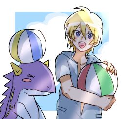 Rule 34 | absurdres, ace (dinosaur king), ball, beachball, blonde hair, blue eyes, dinosaur, dinosaur king, highres, horns, looking at another, rex owen, smile