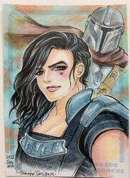 1boy 1girl artist_name black_hair cape cara_dune din_djarin highres long_hair looking_at_viewer mandalorian mandalorian_helmet photo_(medium) red_cape signature star_wars the_mandalorian tomoko_taniguchi traditional_media