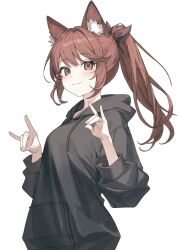 1girl animal_ear_fluff animal_ears black_hoodie bow breasts closed_mouth hair_bow hands_up highres hood hoodie karyln light_blush long_hair looking_at_viewer original ponytail red_hair sidelocks simple_background smile solo upper_body white_background
