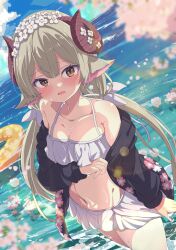 Rule 34 | 1girl, absurdres, animal ears, bare shoulders, bikini, bikini skirt, black jacket, blonde hair, blue sky, blurry, blurry foreground, blush, breasts, brown eyes, cherry blossoms, cleavage, cloud, collarbone, commission, cowboy shot, curled horns, day, depth of field, dutch angle, floral print, flower, frilled bikini, frills, hair between eyes, hair flower, hair ornament, hair ribbon, halterneck, head wreath, highres, holding, holding swim ring, horizon, horns, innertube, jacket, lens flare, long hair, long sleeves, looking at viewer, low twintails, navel, ocean, off shoulder, open clothes, open jacket, open mouth, original, outdoors, petals, pink flower, print bikini, raised eyebrows, ribbon, sheep ears, sheep girl, sheep horns, shiro9jira, sidelocks, skeb commission, sky, small breasts, solo, standing, stomach, swim ring, swimsuit, tsunomaki watame, twintails, very long hair, wading, water, wet, white bikini, white flower, white ribbon, yellow eyes