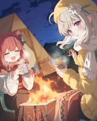 2girls absurdres campfire camping closed_eyes cloud commentary cup english_commentary fire flower grey_hair hair_bun highres holding holding_cup mountain multiple_girls night night_sky open_mouth original outdoors purple_eyes red_hair scarf seero sitting sky star_(sky) starry_sky steam tent white_flower