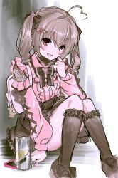 1girl ahoge black_bow black_bowtie black_shoes black_skirt black_socks bow bowtie cellphone center_frills collared_shirt cross-laced_clothes cross-laced_sleeves deezydays detached_sleeves fingernails frilled_shirt_collar frills grey_hair hair_between_eyes hair_ornament hair_ribbon hairclip heart heart-shaped_pupils heart_ahoge heart_hair_ornament high-waist_skirt highres jirai_kei kneehighs lemonade long_fingernails long_hair long_sleeves mask mouth_mask nail_polish original phone pink_nails pink_shirt red_eyes ribbon shirt shoes sitting sketch skirt smartphone socks solo symbol-shaped_pupils twintails