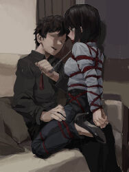 1boy 1girl arms_behind_back ball_gag bdsm black_shirt bondage bound bound_arms bound_legs breasts brown_eyes brown_hair collared_shirt couch denim gag gagged high_heels highres jeans looking_at_another medium_breasts niu_yeye no_eyes on_couch open_mouth original pants restrained shibari shibari_over_clothes shirt sitting sitting_on_person teeth upper_teeth_only white_shirt