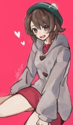 1girl :d aran_sweater artist_name asatte_3z blush bob_cut breasts brown_eyes brown_hair cable_knit cardigan collared_dress dress eyelashes from_side gloria_(pokemon) green_hat grey_cardigan hands_on_own_legs hat heart highres hood hooded_cardigan long_sleeves looking_at_viewer looking_to_the_side nintendo on_ground open_mouth pink_background pink_dress plaid_hat pokemon pokemon_swsh pom_pom_(clothes) short_hair signature sitting small_breasts smile solo sweater tam_o&#039;_shanter teeth toggles upper_teeth_only wariza