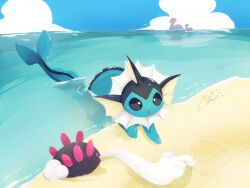 :o banchiku beach blue_eyes cloud day fins forked_tail gen_1_pokemon gen_7_pokemon head_fins heart highres lapras nintendo no_humans ocean outdoors pink_eyes pokemon pokemon_(creature) pyukumuku tail vaporeon water