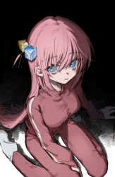 1girl arm_support bags_under_eyes blue_eyes bocchi_the_rock! breasts cube_hair_ornament gotoh_hitori hair_ornament highres jacket long_hair long_sleeves looking_at_viewer medium_breasts one_side_up pants pink_hair pink_jacket pink_pants scripco sitting socks solo straight_hair track_jacket track_pants very_long_hair wariza white_socks