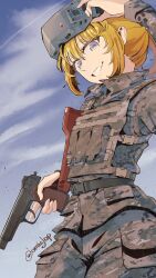 1girl 35th_marine_brigade ammunition_pouch artist_name belt belt_around_waist blonde_hair blue_sky body_armor brown_jacket brown_pants bulletproof_vest camouflage camouflage_jacket cargo_pants cloud cloudy_sky digital_camouflage fang from_below grin gun handgun_stock highres holding holding_removed_eyewear holding_weapon jacket long_hair looking_at_viewer military military_combat_uniform military_jacket military_operator military_uniform omiglop open_collar pants pouch purple_eyes signature sky smile solo standing stechkin_aps tanya_degurechaff tanya_degurechaff_(sleepwalker) ukraine unworn_eyewear weapon weapon_request youjo_senki