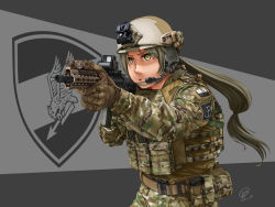 1girl aiming assault_rifle badge camouflage dated gloves gun h&amp;k_hk416 heckler_&amp;_koch helmet highres jpc magazine_(weapon) military military_combat_uniform military_operator military_uniform muzzle_device ponytail rifle tactical_clothes weapon woodland_camouflage