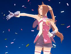 1girl animal_ears asymmetrical_gloves black_shorts blue_background breasts commentary confetti epaulettes gloves grin hair_ribbon hand_on_own_hip highres horse_ears horse_girl horse_tail long_hair mismatched_gloves neckerchief oomiya_io pink_eyes ponytail ribbon sakura_bakushin_o_(umamusume) shorts sleeveless smile solo symbol-only_commentary tail thighhighs umamusume white_thighhighs yellow_neckerchief