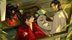 Rule 34 | 111218422, 2boys, absurdres, black hair, brown eyes, brown hair, calligraphy, chinese clothes, chinese commentary, closed mouth, creature, cup, dao gui yi xian, dappled sunlight, day, eye contact, eyeball, folding fan, food, from outside, fruit, hair bun, hair ribbon, half updo, hand fan, hand fan writing, hand on own face, hand up, hanfu, hanging scroll, head rest, highres, holding, holding fan, implied yaoi, indoors, leaf, li huowang, li sui (tentacles), light particles, long hair, long sleeves, looking at another, low ponytail, male focus, multiple boys, paper fan, plant, plate, ponytail, profile, red eyes, red hanfu, red ribbon, ribbon, robe, scroll, single hair bun, sitting, smile, sunlight, table, tea, teacup, teapot, tentacles, tray, upper body, watermelon, watermelon slice, white hanfu, wide sleeves, wooden floor, zhuge yuan