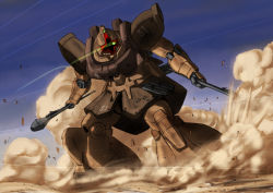 1990s_(style) bullet_hole desert dom_(mobile_suit) dom_tropen dust gundam gundam_0083 high-explosive_anti-tank_(warhead) inyucchi man-portable_anti-tank_systems mecha mecha_focus motion_blur no_humans panzerfaust recoilless_gun retro_artstyle robot sand solo